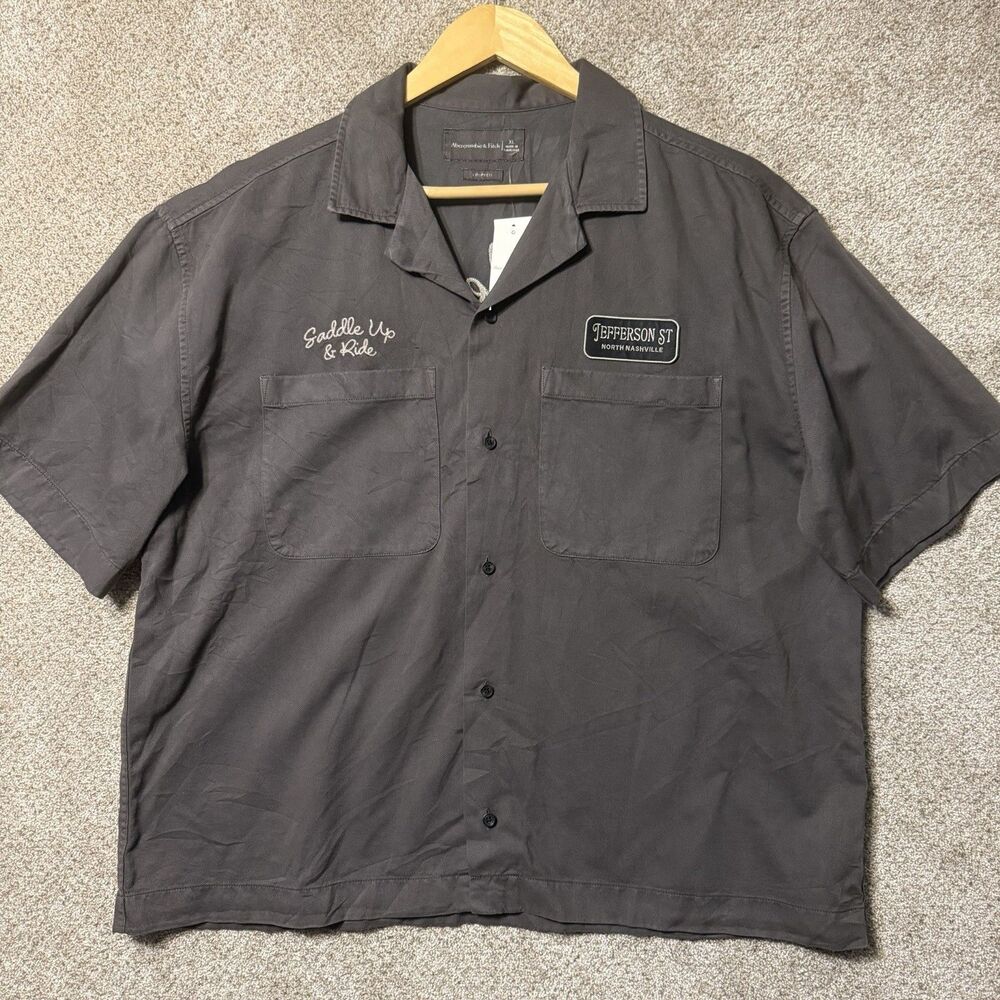 Abercrombie & Fitch Cropped Workwear Mechanic Shirt Grey XL Saddle Up Patch NWT